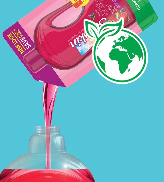 Satiskin refill pouring pink wash into a bottle, with a recycling globe icon