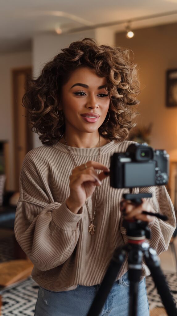 Woman filming a video on a camera and tripod